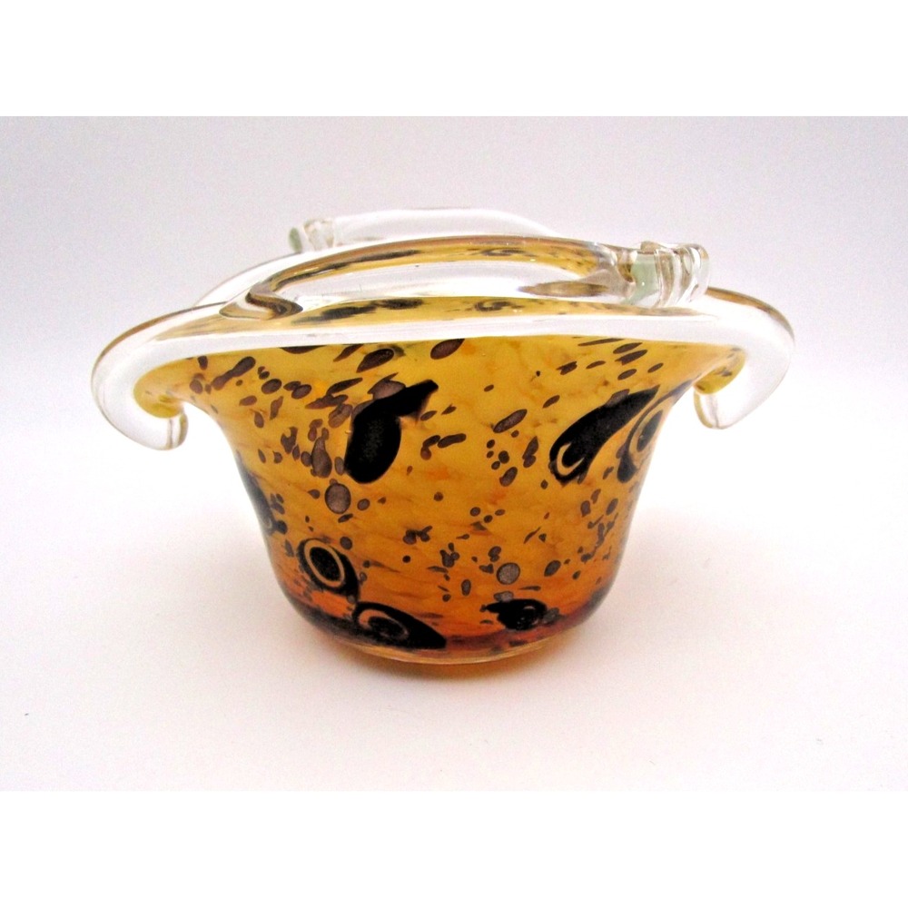 Art Glass Clutch Purse Hand Blown Vase Bowl Flecks of Gold Amber Brown 6.5" x 5"